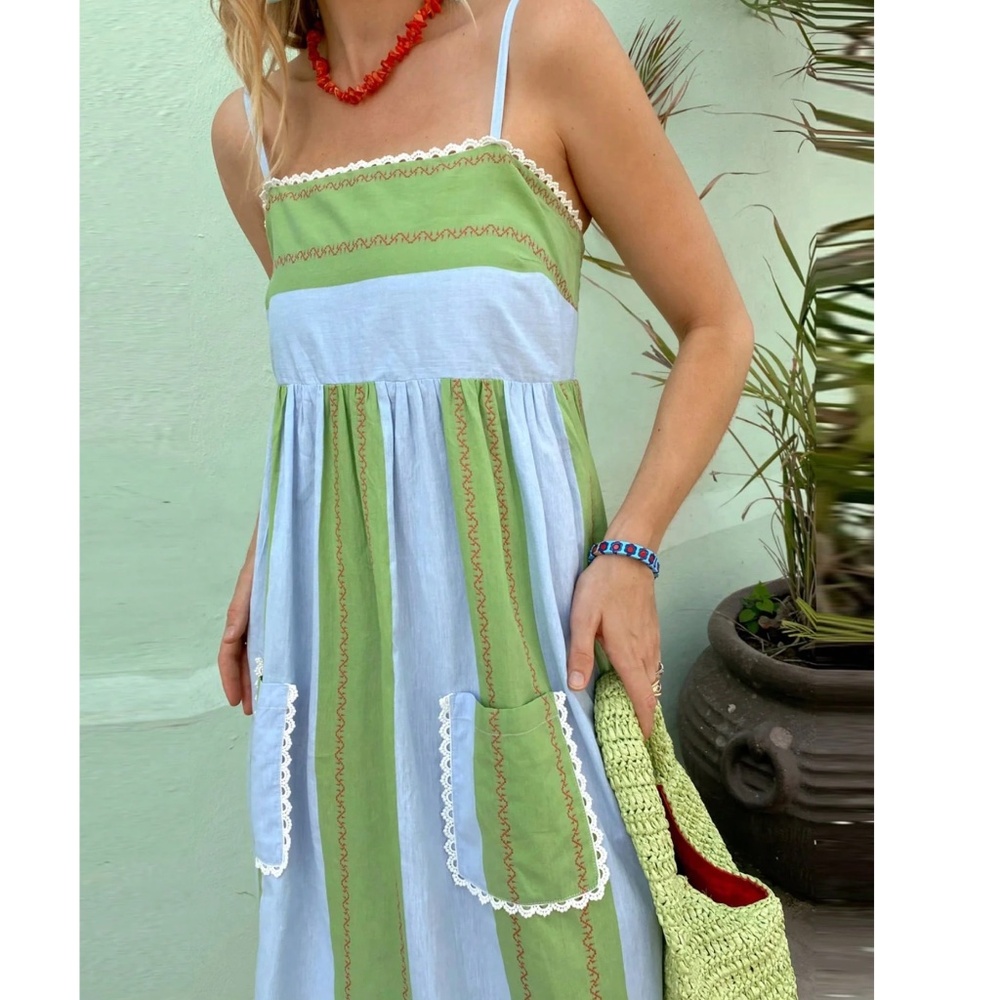 Boho Multicolor Pockets Color Block Cami Maxi Dress - Picture 4 of 5